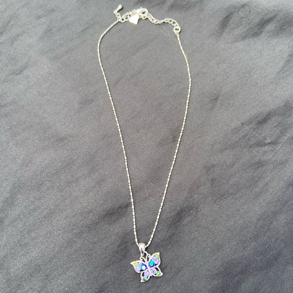 Cookie Lee Butterfly Necklace - Silver Tone with Purple and Blue Gems - Picture 2 of 9